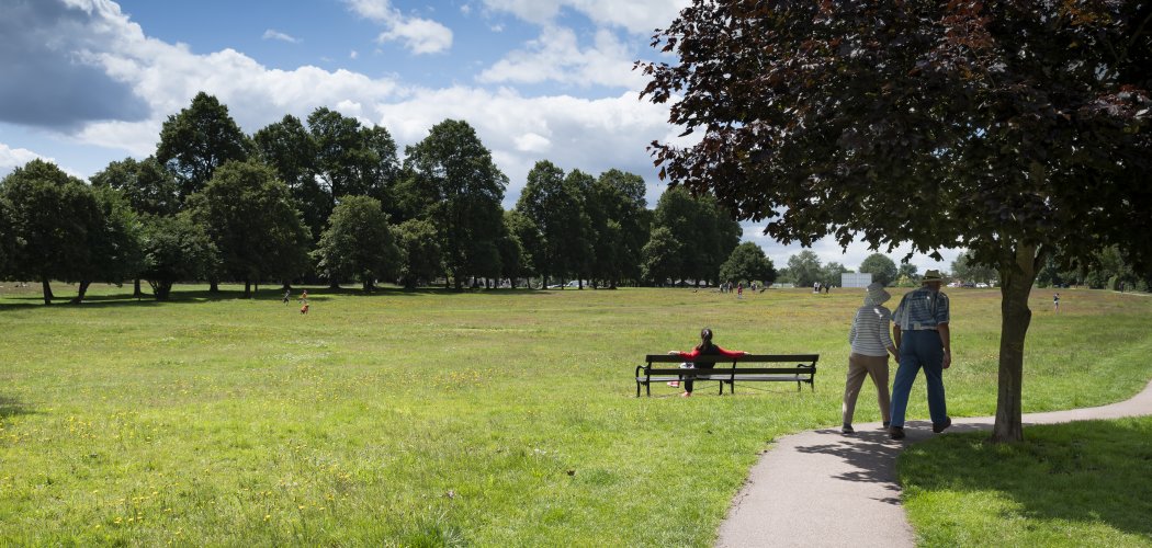 Photo of north common an elderly couple walking hand in hand and woman sitting on a bench enjoying the views out across to the avenue of trees